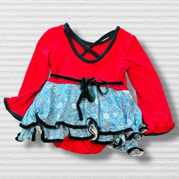 Bella Rose 2T  Christmas Holiday Bodysuit Dress Red Blue Snowflake LS Romper - Picture 3 of 4